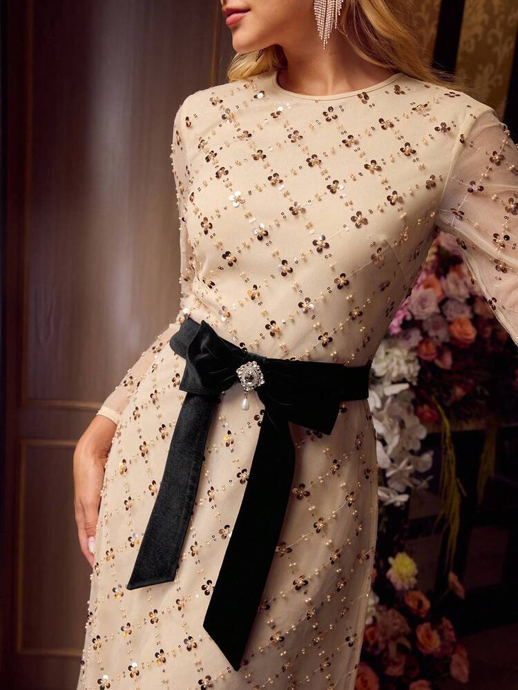 MOTF Soiréza WOMEN'S MESH SEQUINS MESH OVERLAY BOW WAIST FORMAL COCKTAIL DRESS