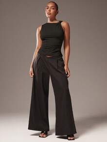 Hauture Sexy Mob Wife Party Plus Size Solid Sleeveless Asymmetric Twist Blouse - Black - View 3