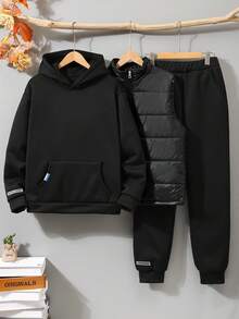 3pcs/Set Teenage Boys Casual Sports Thick Quilted Sleeveless Vest Jacket, Hooded Pullover Sweatshirt, And Outdoor Drawstring Pants, Autumn/Winter