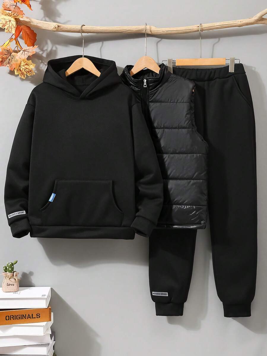 3pcs/Set Teenage Boys Casual Sports Thick Quilted Sleeveless Vest Jacket, Hooded Pullover Sweatshirt, And Outdoor Drawstring Pants, Autumn/Winter