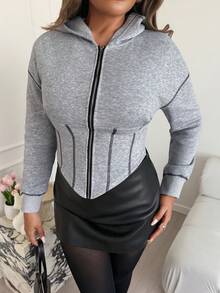 Xyvia Autumn/Winter Contrast Color Cinched Waist Short Hooded Zip-Up Sweatshirt - Grey - View 1
