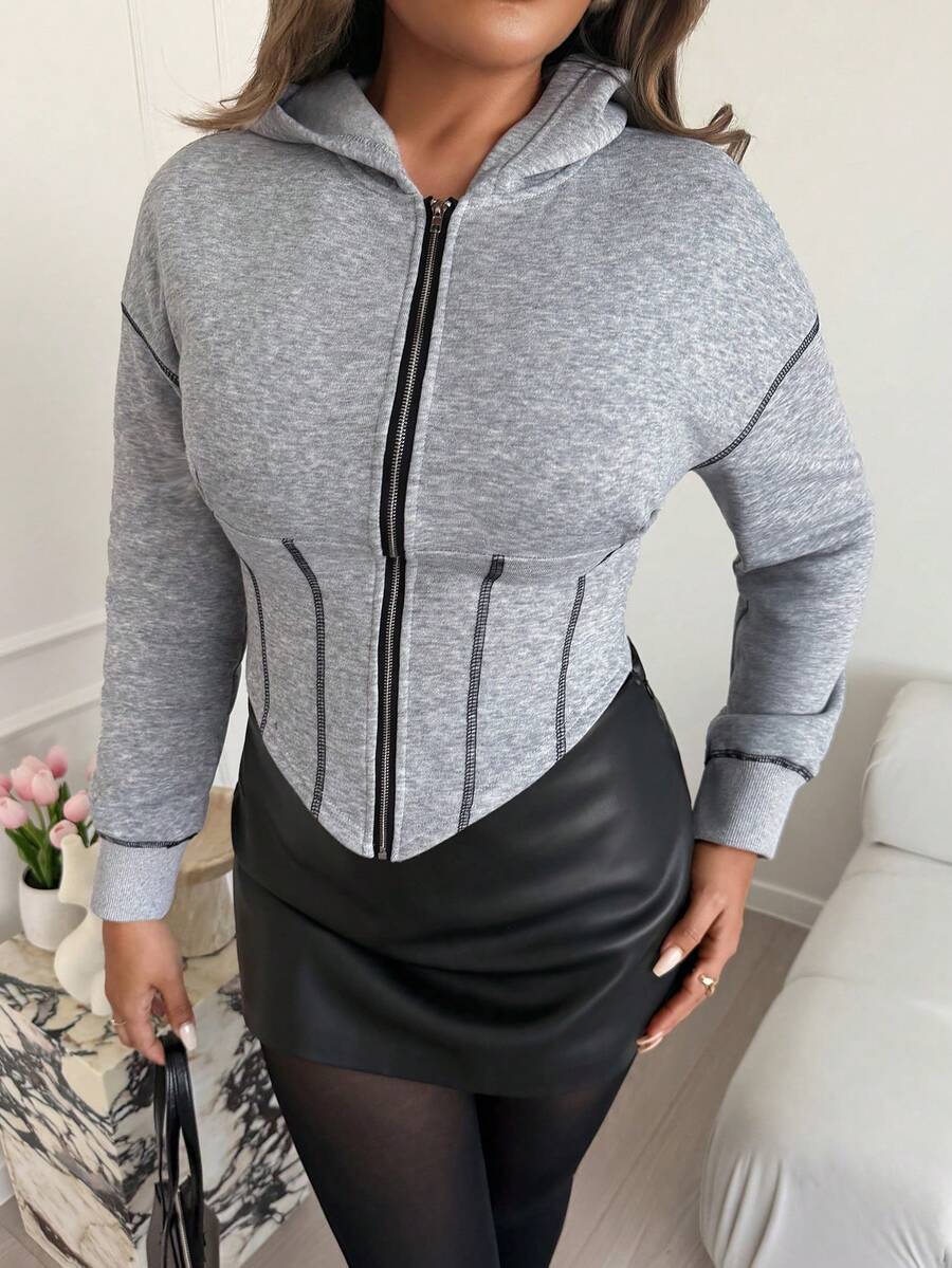 Xyvia Autumn/Winter Contrast Color Cinched Waist Short Hooded Zip-Up Sweatshirt - Grey - View 1