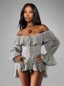 MISSGUIDED Off Shoulder Chiffon Ruffle Bodysuit With Lace Up Corset Detail Long Sleeve Festival Boho - Grey - View 3