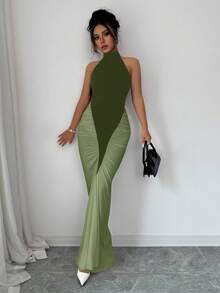 Elenzga 女式黑白拼色露背收腰鱼尾下摆优雅连衣裙，适合通勤和日常穿着 - 軍綠色 - 查看 6