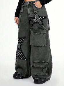ROMWE Grunge Punk Quần ống rộng in hình ngôi sao rách Punk cỡ lớn cho nữ - Xám - Xem 3