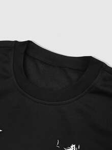 ROMWE MEN Street Life 男士休闲图案印花喇叭袖T恤，秋季 - 黑色 - 查看 3