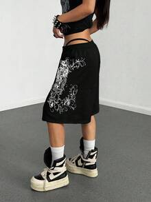 StreetHx Pantalones capri de mujer con estampado punk de ajuste holgado en gris - Negro - Ver 6