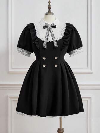 EDITION Plus Size Women's Cute Princess Style Contrast Color Lace Patchwork Peter Pan Collar Decorative Puff Sleeve Pleated Dress