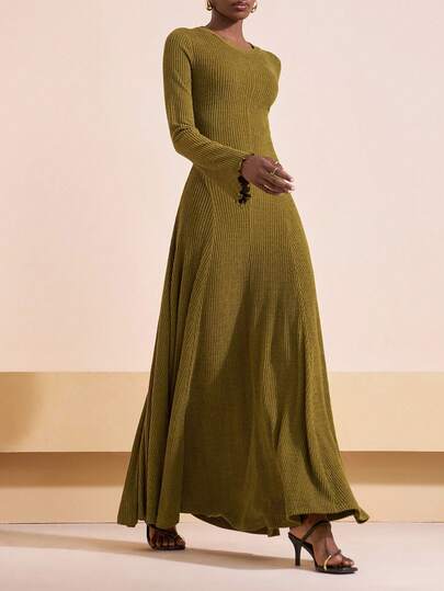 Zivah 20  Autumn And Winter New Style Simple And Versatile Temperament Mustard Yellow Solid Color Brushed Striped Knitted Round Neck Long Sleeve Large Swing Back Tie Women Long Dress, Suitable For Dating, Concert Outfit, Halloween Clothes, Christmas, Night Out, Wedding Guest Dress, Birthday Party, Brunch Outfits For Women, Party, Dinner,Daily Outing, Party,Office Dress,Back To School, Teacher Outfits-A