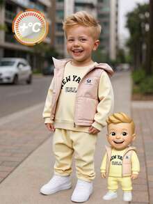 男婴加厚连帽保暖外套、套头卫衣和休闲裤冬季运动套装 - 杏色 - 查看 1