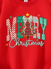 SHEIN 圣诞快乐青少年女孩休闲时尚创意个性卡通可爱蝴蝶结圣诞树雪花格子豹纹字母标语图案套头衫，适合圣诞派对和 - 紅色 - 查看 4