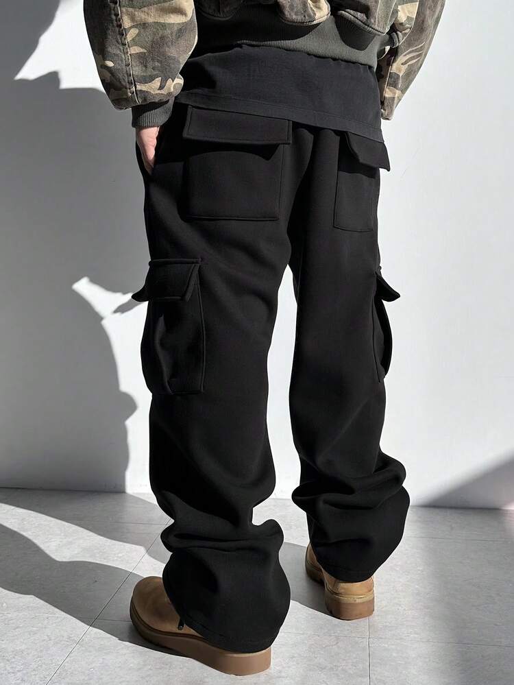 Men's Solid Color Fleece Fabric Elastic Waist Sweatpants, Autumn/Winter