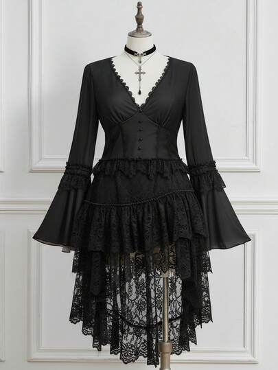 EDITION Blusa de encaje con cuello en V oscuro y parches en la cintura para mujer de talla grande, ideal para Halloween