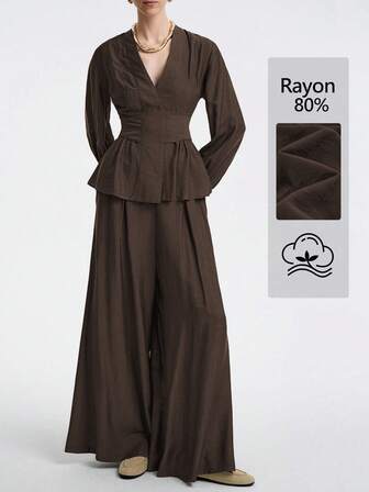 Aalyst 女士法式优雅简约时尚休闲度假通勤舒适纯色亚麻 V 领系带长袖衬衫和松紧腰裤套装，春秋冬