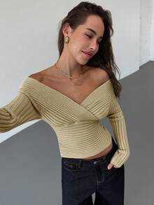 Aloruh Áo len dệt kim nữ thu/đông mới, áo chui đầu dài tay hở vai, cổ điển, có gân - Màu be - Xem 4