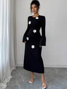 Modelyn Elegant Floral Jacquard Long Sleeve Midi Dress For Women,Daisy Flower Applique Black And White Autumn Dining Dress - Black - View 3