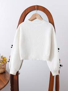 SHEIN Elladie kids Tween Girl' 休闲时尚可爱柔软简约优雅 3D 蝴蝶结长袖短款开衫毛衣，适合居家、日常穿着、上学、外出、派对、秋冬 - 白色 - 查看 2