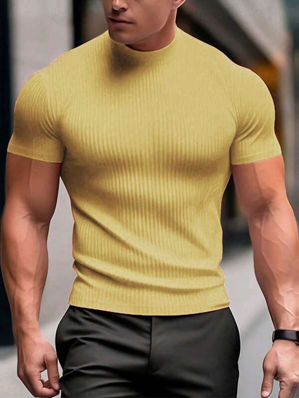 Manfinity Homme Men's Casual Solid Color Stand Collar Short Sleeve T-Shirt, Summer Tight Neck T Shirt Men Yellow Tops For Men Summer Turtle Neck Men Short Sleeve Turtleneck Men