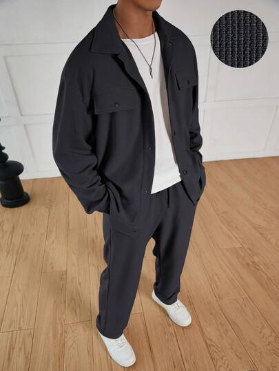 Manfinity Hypemode 男士纯色华夫格纹提花衬衫和裤子套装，男士两件套，男士套装，男士运动裤套装，秋季服装