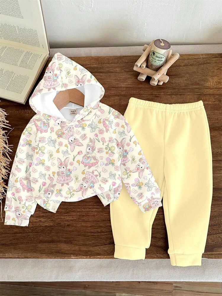 SHEIN Happikins Cute Pastoral Rabbit & Floral Print, Tulip Bow Print Baby Girl Casual Hoodie & Pants Set, Suitable For Autumn/Winter, Outdoor Picnic, Street Style, Home - Multicolor - View 2