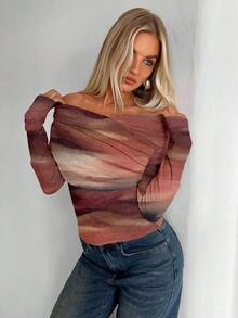 Aloruh Maglietta a maniche lunghe con scollo a V, con motivo tie-dye marrone, adatta per l'autunno/inverno, versatile per uso casual, vacanze bohémien, festival musicali e relax in autunno - Multicolore - Visualizzare 4
