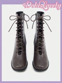 Dola Lovely Women's Brown Retro Round Toe Chunky Heel Lolita Style Party Matching Sweet Cute Mid-Calf Boots, Suitable For Christmas, Halloween, Thanksgiving - Brown - View 5