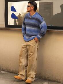 DAZY 男士休闲宽松渐变色条纹落肩长袖毛衣，秋季 - 寶藍色 - 查看 4