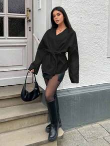 SHEIN EZwear Plus Size Solid Color Lace-Up Slim Casual Woolen Coat Black Wrap Jacket Winter Fall Autumn - Black - View 3