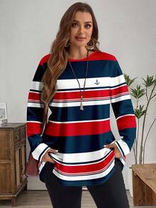 EMERY ROSE تي شيرت بياقة دائرية مقاس كبير، بتصميم ألوان متباينة وخطوط، موسم الخريف/الشتاء