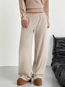 SHEIN EZwear 卡其色条纹休闲宽松裤 - 杏色 - 查看 5