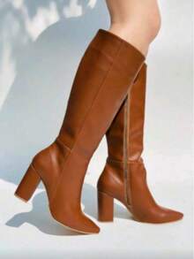 Botas altas de mujer estilo minimalista, punta fina, tacón grueso, para oficina y moda urbana - Marrón - Ver 2