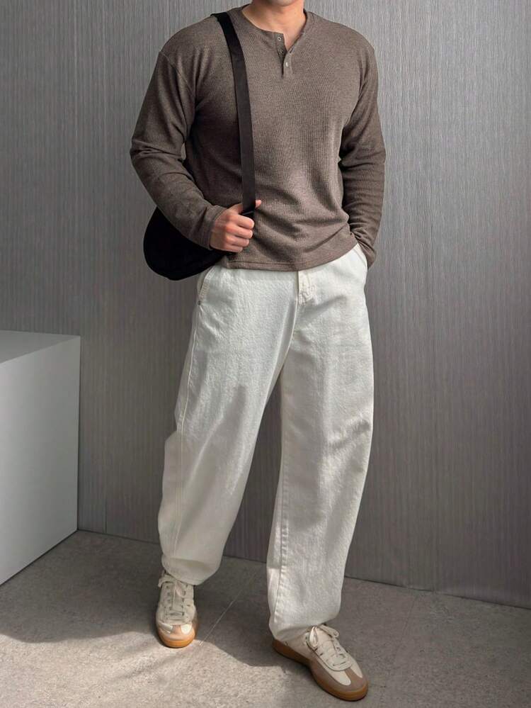 Men's Solid Color Half-Zip Crew Neck T-Shirt, Dark Grey, Autumn