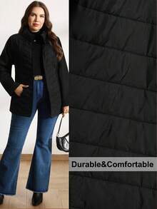 Comfylo Áo khoác mùa đông thường ngày tay dài màu trơn cỡ lớn cho nữ có khóa kéo túi trước - màu đen - Xem 3