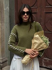 SHEIN Unity Women's Green Turtleneck Loose Fit Color Block Knit Sweater, Autumn/Winter - Green - View 6