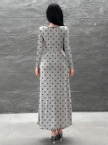 Feyla 女士优雅通勤心形印花蝴蝶结装饰长连衣裙 - 灰色 - 查看 2