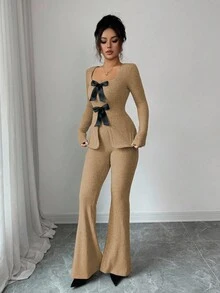 Elenzga Women's Elegant Cloud-Like Fleece Ribbed Bowknot Collar Long Sleeve Cinched Waist Top And Flare Pants 2 Pieces Set - Khaki - View 6