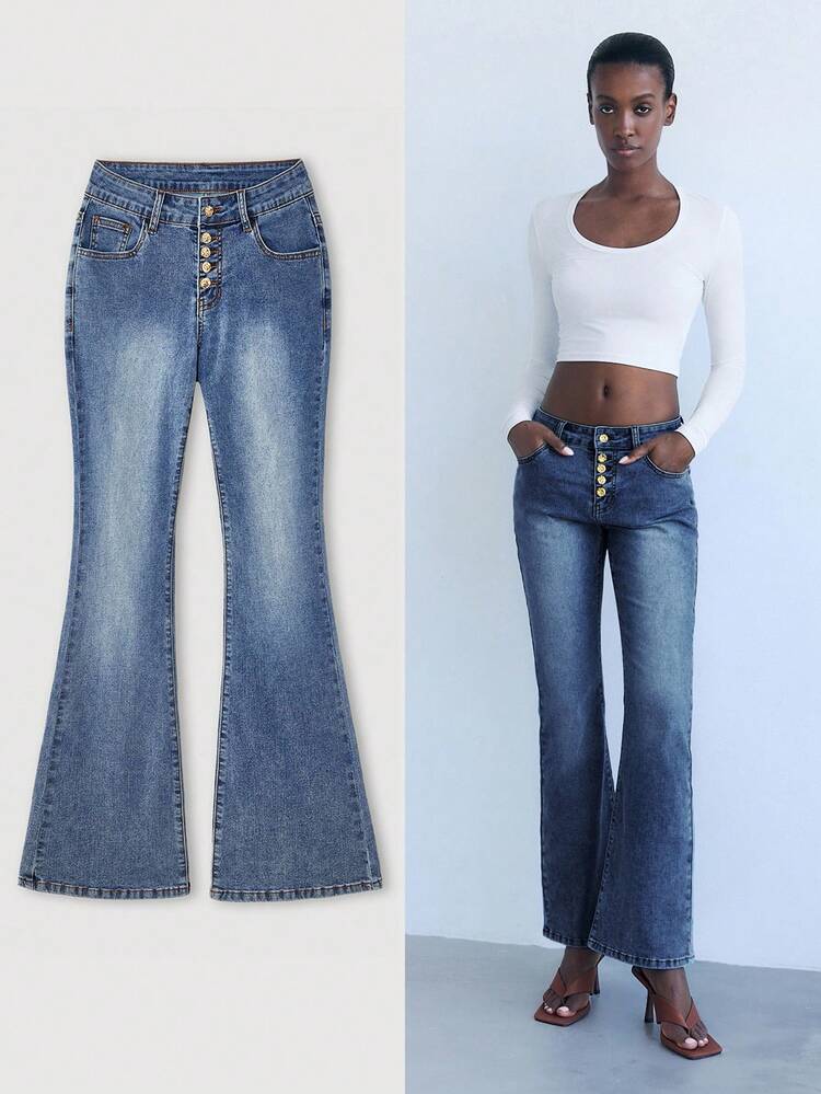 SHEIN Maija Women's Blue Jeans High Waist Flared Comfortable Stretch Denim Old Money Style Gold Metal Buckle Decoration  Autumn Clothes