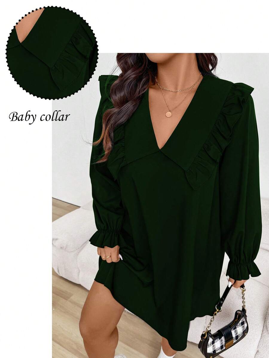 EMERY ROSE Vestido de manga abullonada con cuello Peter Pan, romántico y lindo, talla grande - Verde Oscuro - Ver 1