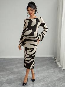 Momance Maternity Elegant Knitted Bodycon Dress With Graphic Print, Round Neck, Long Sleeve, Autumn/Winter