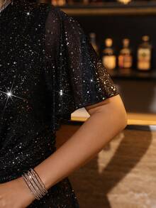 Auvina Váy ngắn chữ A tay ngắn thắt eo thanh lịch, lấp lánh dành cho tiệc tùng/hàng ngày/hẹn hò/tụ tập cỡ lớn dành cho nữ - màu đen - Xem 4