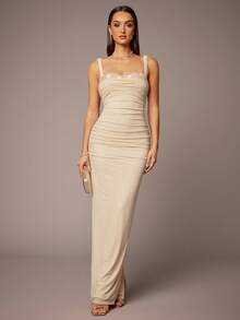 Silquee Robe longue élégante à patchwork de perles sexy couleur champagne, design froncé à la taille, ourlet droit en ligne H, style élégant et féminin, convient pour les rendez-vous, les déplacements, les fêtes, les mariages et les occasions formelles