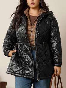 Zelara Plus Size Women's Solid Color Long Sleeve Zipper Front Casual Hooded Winter Coat - Black - View 6