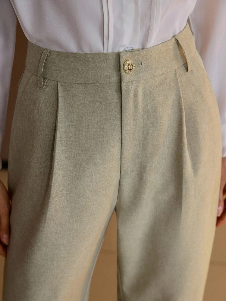 라인스톤 버튼이 달린 여성용 우아한 캐주얼 주름 플리츠 와이드 레그 팬츠, 출퇴근 및 일상복을 위한 미니멀리스트