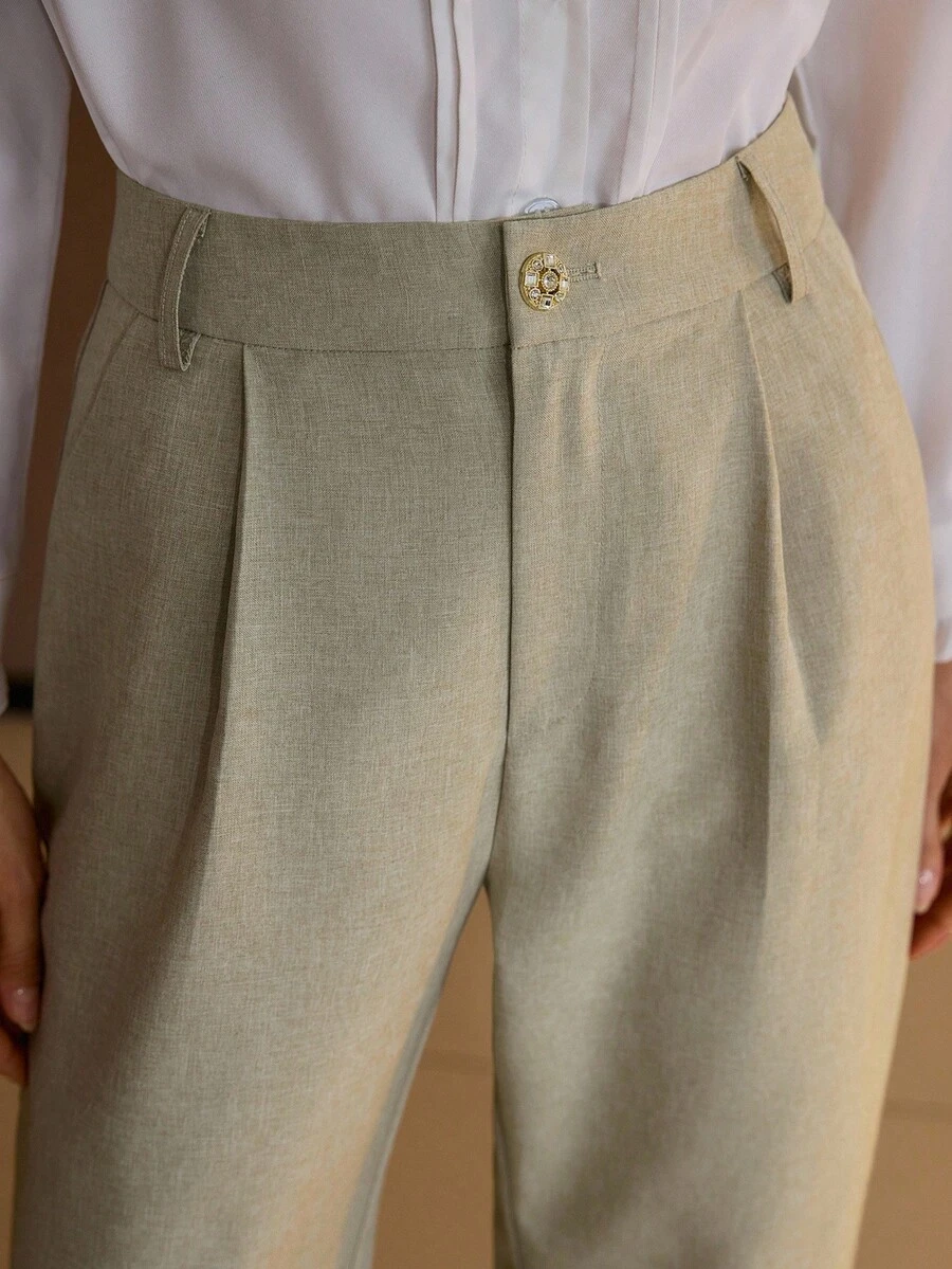 MOTF PREMIUM 女士优雅休闲褶皱阔腿裤，配有水钻纽扣，简约通勤和日常穿着 - 綠色 - 查看 2