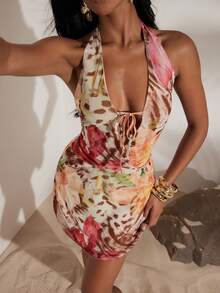 Opulessa Vacation Knit Mesh Printed Halter Neck Women Short Dress, Halloween Costume, Elegant Dresses Party, Luxury Sexy Club Outfits, Summer Beach Outfits