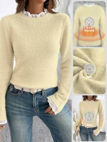 EMERY ROSE Fashionable & Sweet Lace Collar Soft Faux Fur Pullover Sweater, Versatile For Autumn/Winter - Beige - View 1