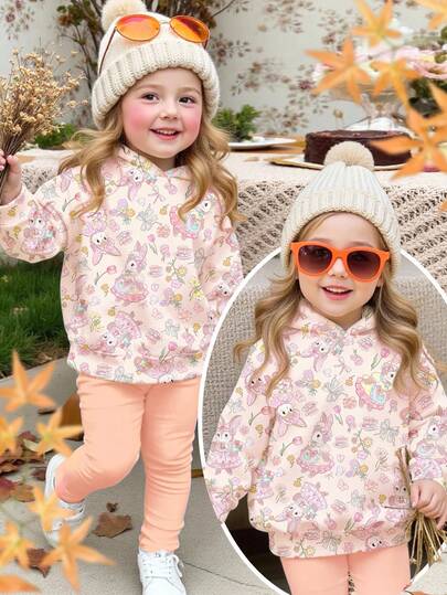 SHEIN 可爱的田园兔子和花卉印花、郁金香蝴蝶结印花、女婴休闲宽松字母图案连帽运动衫和休闲裤两件套，甜美休闲，适合户外野餐、郊游、街头风格、家居、波西米亚风