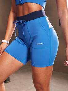Powerista Women's Letter Print Contrast Color Drawstring Waist Sports Shorts