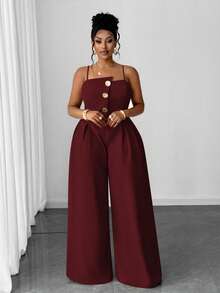 Maweii Plus Size Solid Color Casual Jumpsuit - Burgundy - View 5