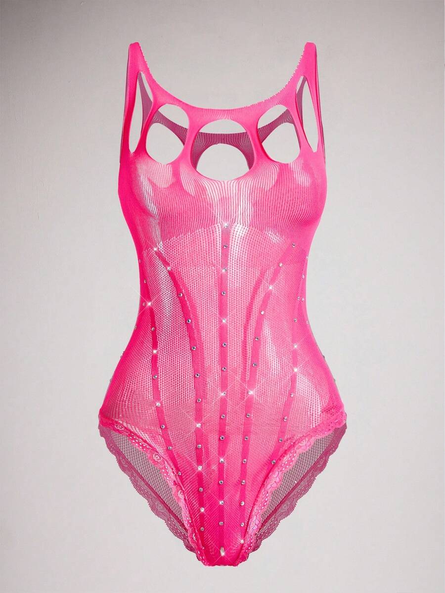 Women's Rhinestone Decor Hollow Sexy Jumpsuit - Hot Pink - View 1